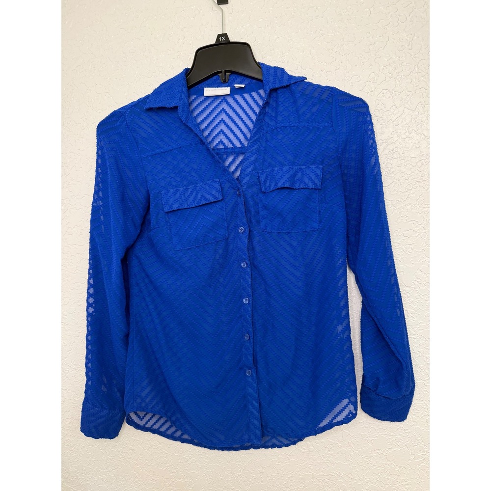 New York &‎ Company Royal Blue Sheer Chevron Button Up Blouse XS Pocket Front